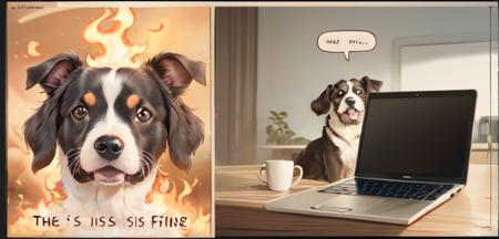 <lora:this-is-fine:1>, 2 panel comic strip, this_is_fine, fire, laptop, english text, "this is fine" , office, sitting, dog, speech bubble