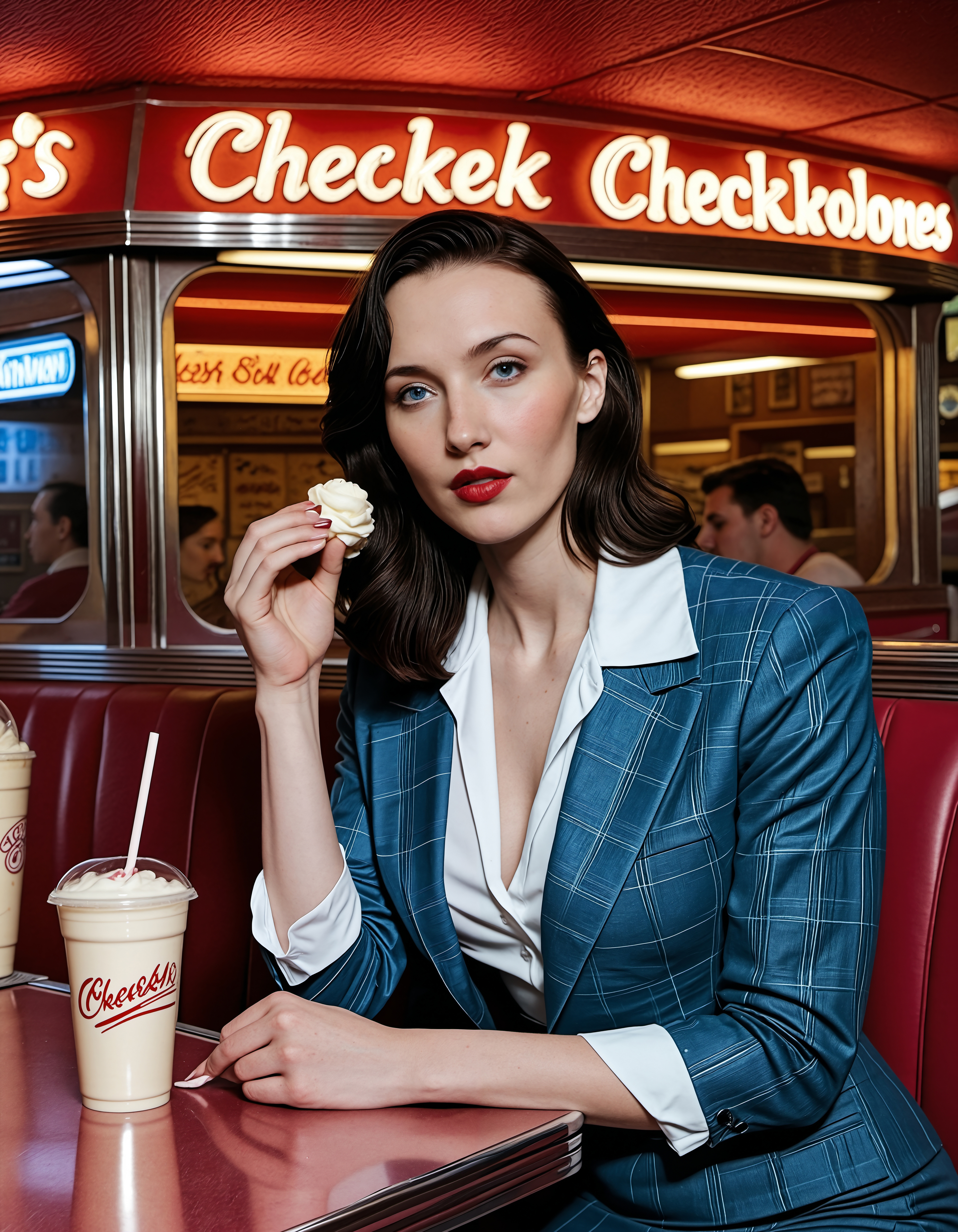 A realistic photographic portrait of a striking 25-year-old woman with dark hair, blue eyes, ((pale skin)), her face is narrow with (sharply pronounced cheekbones:1.5), Her physique is tall and slim, yet gracefully shapely, with elegant posture and a poised presence, <lora:Charmaine_SDXL:0.8>,A woman in a plaid skirt and blouse seated in a diner booth, sipping a milkshake. The lighting is bright and nostalgic, with neon signage outside. The angle is from the side, capturing her relaxed posture and retro setting.,