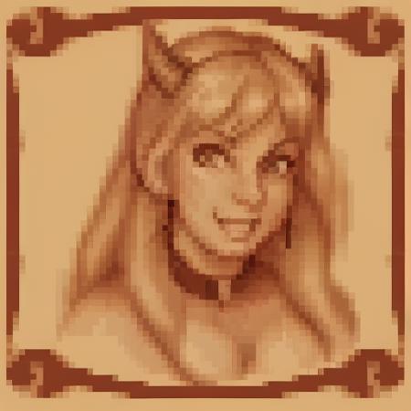 <lora:SNES Lord of the Rings Portraits - V1-000010:.5> snes_lotr_portrait, sepia tone, parchment_border, pixels, portrait,, <lora:bows1:0.5>, 1girl, solo, maritan (pixelmaritan), d, armlet, blonde hair, claws, long hair, turtle shell, teeth, black collar, blush, huge breasts, earrings, borrowed character, looking at viewer, pointy ears, sharp, borrowed design, long fingernails