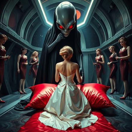 high-society elegant slender norvegian rich innocent young bride kneeling at whorish red glossy foil pillow from behind. She is ensnared by a towering, gray human-like alien, draped in a long, glossy black slime cloak, its eyes gleaming red with an otherworldly intensity.   its hands putting steel slave collar  on her neck. Encased in light beam from the alien breeding chamber celling/ Surrounded by strict ladies wearing  glossy satin dominatrix attire and glossy high heels,  holding whips.   weird wet-look black slime  walls and floor, colossus observation blister to outer space full of stars, bright red moon, vintage-inspired makeup, long hairs, ultra thin waist, evil grin, porcelain skin, lipstick, red nails, in the style of a haunting, retro-futuristic 1950s sci-fi nightmare, horror, alien space base,,