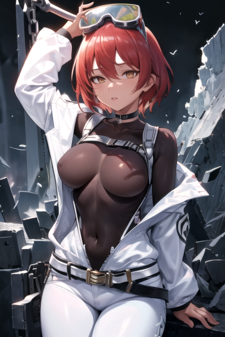 HammeringNikke, 1girl, solo, short hair, large breasts, long sleeves, hair between eyes, brown eyes, white jacket, red hair, choker, black belt, white pants, open jacket, orange eyes, black bodysuit, skin tight, goggles on head, black belt