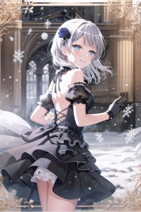 <lora:EveWakamiya-10:0.8>,wakamiya eve, 1girl, solo, looking at viewer, smile, blue eyes, hair ornament, gloves, dress, bare shoulders, flower, short sleeves, grey hair, parted lips, detached sleeves, black gloves, puffy sleeves, hair flower, black dress, puffy short sleeves, rose, animal, frilled dress, snow, snowing, backless outfit, snowflakes, backless dress, wolf, black flower, black rose