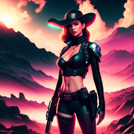 an attractive woman [gunslinger:bounty hunter:0.4] standing in a apocalyptic wilderness (retrowave style:1) <lora:djzRetroTide_LB2:0.8>