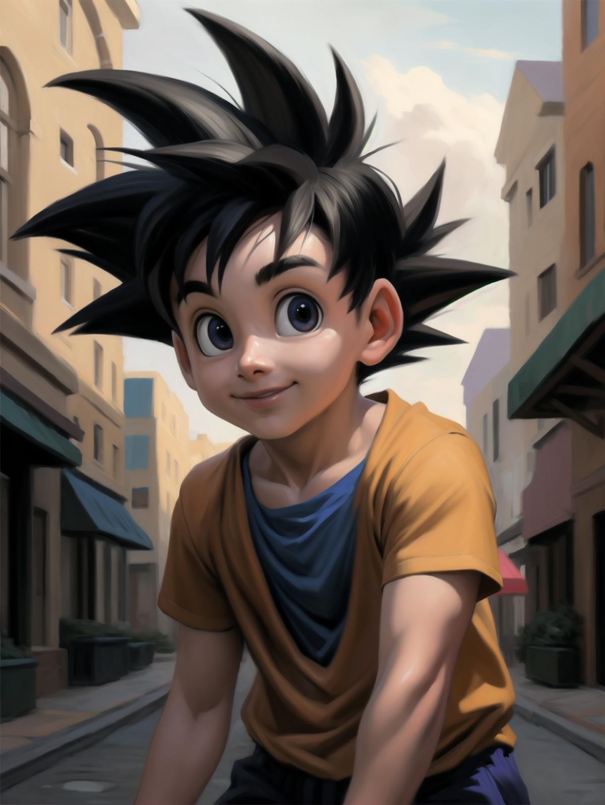 A young boy with spiky hair and a blue shirt is smiling in a cartoon drawing.