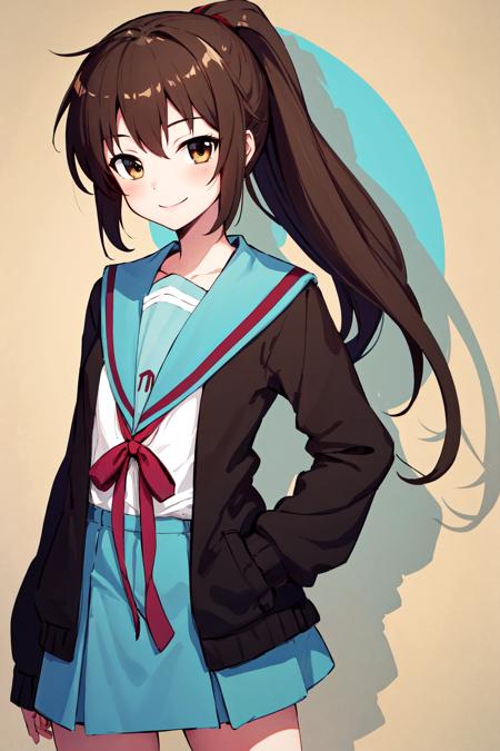 masterpiece, best quality, highres, kk1, 1girl, ponytail, blue sailor collar, long sleeves, open cardigan, serafuku, blue skirt, brown cardigan, red ribbon, long hair,  socks,  <lora:kyonko_v1:0.6>, cowboy shot, smile,