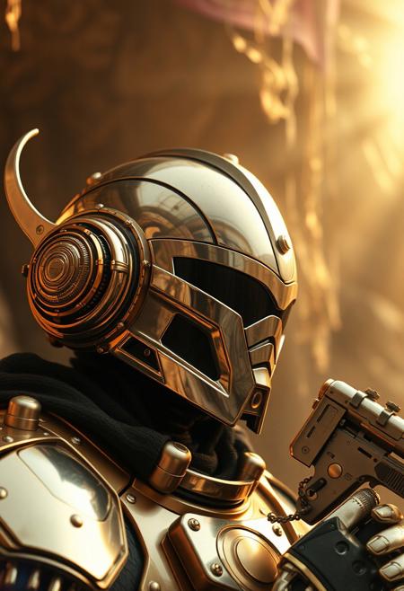 Avant-garde , 1970s futurism, chrome and gold, ultra high tech helmet and weaponry,detailed background, dynamic angle, volumetric lighting, godrays