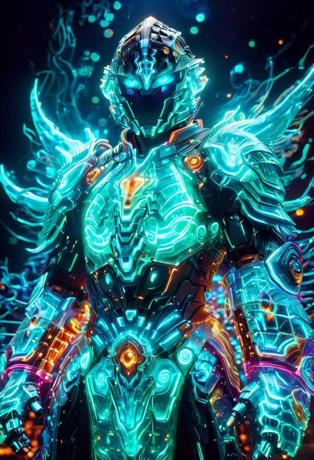 The RGB Kingdom, Masterpiece, best quality, amazing quality, absurd, latest, volumetric lighting, UHD, SFW, vibrant colors, neon, vivid colors, magical fantasy Living Armor, spirit, colored skin, teal skin, glowing teal eyes, transparent body, oversized armor, helmet, magic, adorned with swirling colors,, exquisite detail, digital art, humorous, realistic, highly detail, beautiful, surreal, dramatic, galaxy fantasy colors, glowneon, glowing, sparks, lightning