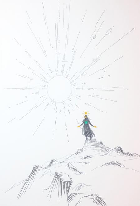 A hand-drawn sketch depicting a bright lens flare with rough lines, textured pencil strokes, and a white background. The mystical realism artwork showcases an ethereal atmosphere, intricate details, soft lighting, and cosmic themes. Light streaks and vibrant colors accentuate the divine figures in the otherworldly landscape.