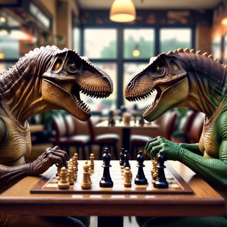 two t-rex dinosaurs playng chess in a coffee shop, photorealist, background blurred