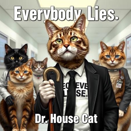 Create an image titled 'Everybody Lies' house font type, featuring Dr. Gregory House from House, M.D. reimagined with a cat body. upset face, unshaven beard His signature cane. black suit, white tshirt with rock print, on a hospital. with a doctor black cat, a doctor calico cat and a doctor blonde cat.  At the bottom of the image, include the title 'Dr. House Cat' in a house fonttype