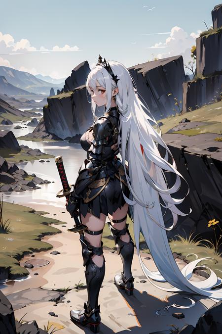 (masterpiece), 1girl, (girl focus), best quality, perfect face, white hair, very long hair, facing away from viewer, standing, black tiara, ((black armor)), black choker, medium breasts, black desert, lavalake, lavafall, crumbling rocks, black cobblestone, withered flowers, 1 girl with sword stares into the distance next to a hellish landscape