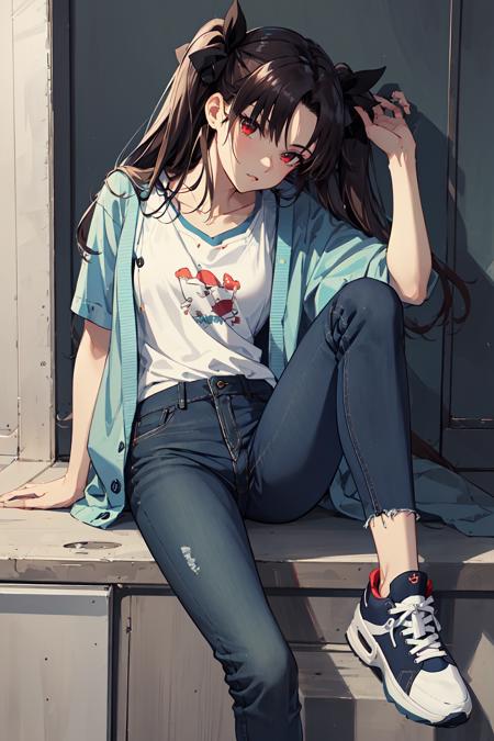 masterpiece, best quality, wallpaper, ultra-detailed,
ishtar, 1girl, solo, <lora:ishtar_fgo_v1_1:1>, looking at viewer, 
(cardigan:1.2), (basic T-shirt:1.2), denim pants, sneakers, hair ribbon,