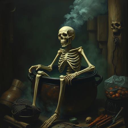 1800's macabre baroque matte oil painting of a skeleton corpse sitting in a boiling cauldron getting cooked, in the art style of John Martin, Bosch, Goya, macabre, eerie vibe, green hue, occult, esoteric, satanic, unnerving, traumatic, claustrophobic, black magic, chiaroscuro, carvaggio, cannibalism, biblical art