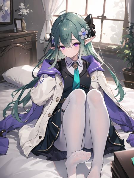 masterpiece,best quality,highres,cinematic lighting,dramatic angle,1girl,green hair,pointy ears,purple eyes,hair flower,hair ornament,necktie,medal,white jacket,black dress,white pantyhose,<lora:ShadowverseCastelle_VerdiliaV2-000013:0.8:lbw=1,0.1,0.2,1,1,0.4,0.1,0.8,0.8,1,1,1,1,1,1,1,1>,bedroom,lying,on back,legs up,feet,footish,foot focus,depth of field,embarrassed,shy,