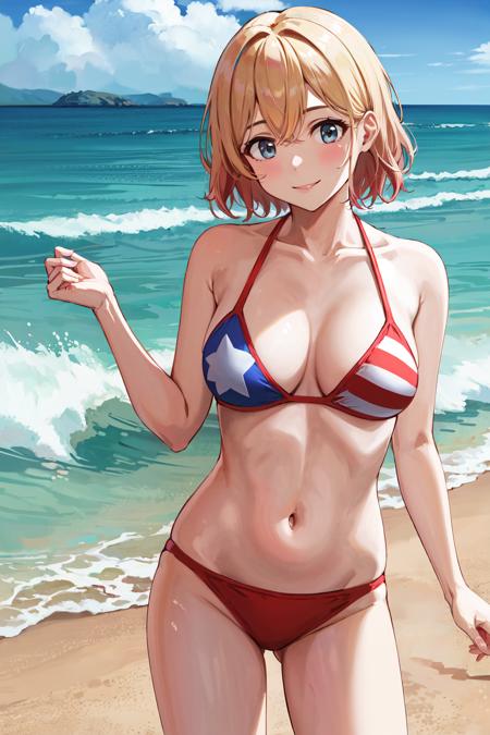 masterpiece, best quality, highres, nm1, swimsuit, american flag bikini, <lora:nanami_mami_v1:0.7>, cowboy shot, standing, smile, beach