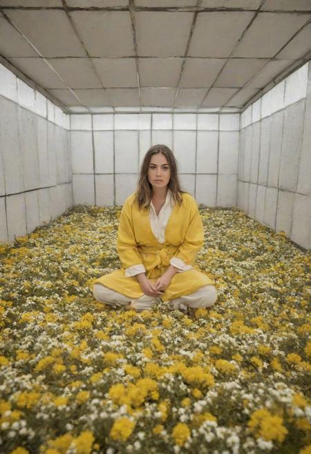 [award winning photograph], surrealism,  ((a small, cube space with walls covered in thick, yellow padding sewn into square patterns, each padded square is 40cm², and the seams are reinforced to prevent tearing, the padding extends to the floor, which is also padded in the same way,  the ceiling is similarly padded, with a single, recessed light fixture in the center, covered with a cage)), ((door to the small cube space, is heavy and solid, with a small, reinforced glass window at eye level, covered by a metal grid) , ((in the center of the room sits a cyberneticperson, she is dressed in a plain, white, one-piece garment, and restrained by a straightjacket), (she is seated with her knees drawn up to their chest,
<<BREAK>>
((images of wildflowers in a burning swamp are seen as low opacity doubleexposures in her imagination)),
[ 32k photograph, uhd, ornately detailed, very detailed background]
realisticvision-negative-embedding, epiCNegative