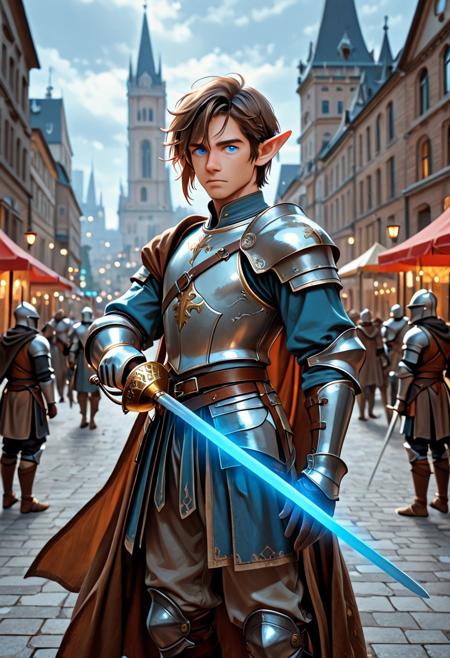 score_9_up, score_8_up, score_7_up, score_6_up. masterpiece, best quality, good quality, very aesthetic, absurdres, semirealism, RapierXL, fantasy, 8K, depth of field, focused subject, Elf knight:1.3, 19yo male, androgynous, pointed ears, short brown hair, male haircut, blue eyes, wearing detailed armor, knight's armor, he is standing, holding sword, rapier, weapon, blue glowing sword, city park