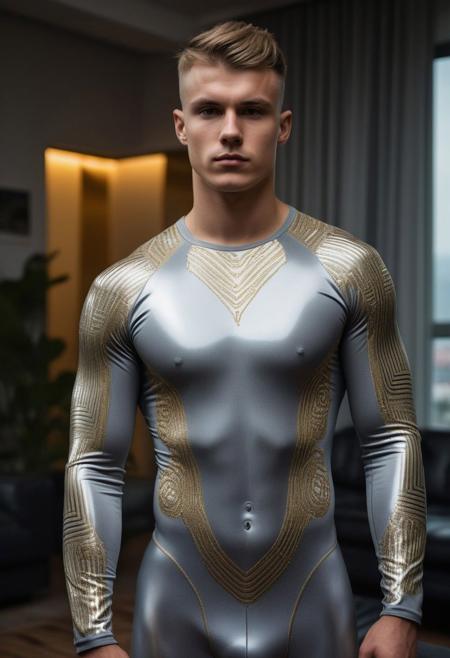 a strong 24-year-old german bodybuilder male, with a side fringe curtains hairstyle, detailed face, mindless expression, wearing a skin tight light-gray latex bodysuit with silver and gold electronics circuits patterns, standing at attention posture, on a modern living room, looking to the camera,  detailed face, professional photography, shot on sony a 7RIII , looking to the camera,  detailed skin face and eyes, natural lighting ,  film grain, low contrast, natural face,  dark circles under eyes