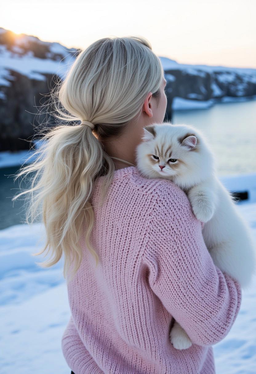 scandinavian woman with a messy low ponytail seen from behind, platinum blonde hair, she wears a pastel pink knitted sweater, she holds a white fluffy cat in her arms, the cat looks over her shoulder, warm evening sun, snowy winter landscape, snowflakes, rocky fjord landscape, ocean, ice, cinematic lighting, amateur photography, <lora:UltraRealistic_Lora_Project:0.4> <lora:Phlux:0.4>  <lora:amateurphoto-v5-14-15-1-1:0.4>