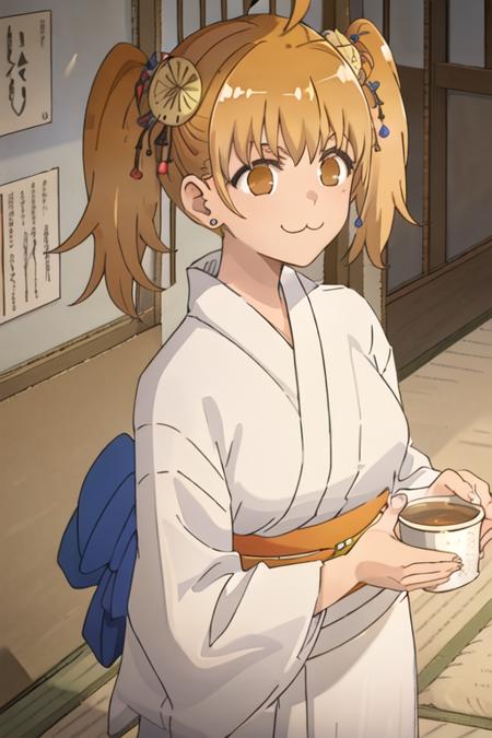 best quality, masterpiece, highres, solo, {yukata:1.40}, {kimono:1.20}, {yoshi_donttoywithmemissnagatoro:1.15}, twintails, brown_eyes, earrings, jewelry, ahoge, :3, hair_ornament, smile, blonde_hair, orange_hair, brown_hair