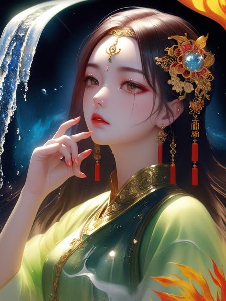 dramatic angle,(fluttered detailed ink splashs), (illustration),(((1 girl))),(long hair),(expressionless ,hair ornament:1.4),chinese clothes,night sky,(the girl is by the waterfall),color Ink wash painting,(ink splashing),(Huaqing splashing),(colorful),[sketch], Masterpiece,best quality, beautifully painted,highly detailed,(denoising:0.7),[splash ink],yin yang,((focus on the girl)),middle finger
<lora:Dream:0.7>