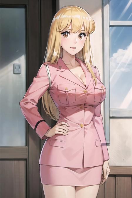 reiko_aiwaifu,blonde hair,long hair,brown eyes,large breasts,bangs,collarbone,pink uniform,uniform,cleavage,skirt,pencil skirt,long sleeves,pocket,breast pocket,formal,pink shirt,police uniform,policewoman,masterpiece,best quality,ultra detailed, 8k, 4k,highly detailed, scenery,pose,solo,
