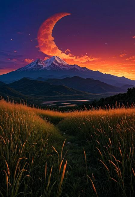 professional photography of a stunning landscape during sunset. The sky is a masterpiece of vibrant colors, blending shades of orange, pink, and purple, scattered clouds add depth and texture to the scene, with a crescent moon in the upper part of the sky bringing a serene and peaceful touch. In the foreground, tall grasses and shrubs bask in the warm orange light from the sky, while the middle area shows the dark purple shadows of a range of jagged mountain peaks. The contrast between the dark mountains and the vivid sky enhances the visual impact, making this scene both captivating and tranquil. 
BREAK,
masterpiece, best quality, double exposure, realistic, whimsical, fantastic, intricate detailed, maximalist style, psychedelic, photorealistic, sharp focus, harmony, serenity, tranquility, halation, cozy ambient lighting, dynamic lighting, mentixis, metix, linquivera, liiv1, award winning, aesthetic, Ukiyo-e Art