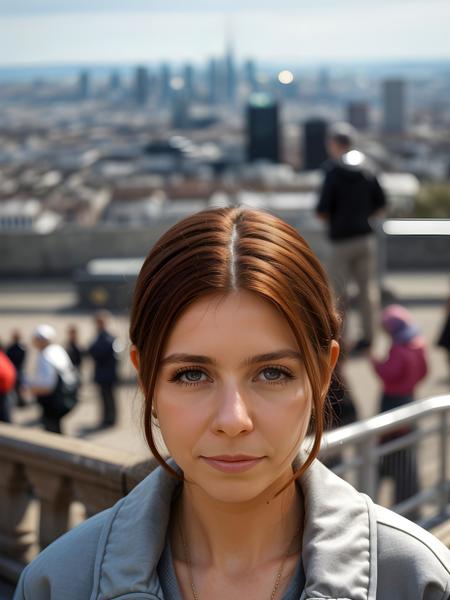 close-up portrait photo of ( St4c3yD00l3y_V2-LoRA,  ), (city, at day crowd in the background)++, 8k uhd, high quality, dramatic, bokeh