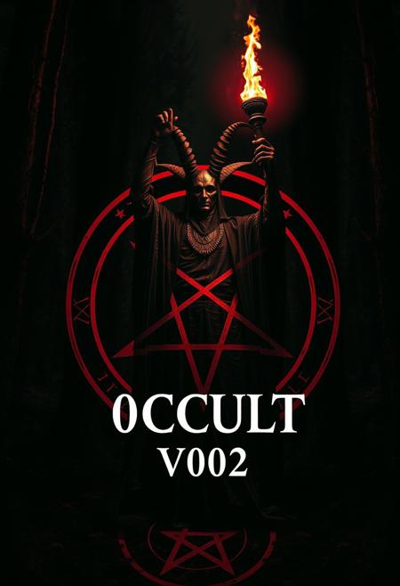 “Cinematic shot of an occult magazine cover. A powerful Baphomet figure holds a torch aloft, embodying the enigmatic patriarch of the Church of the Holy Sepulchre. The background reveals a pentagram encircled within a mystical ring, set against the dark, shadowy depths of a black forest. The title text, ‘0CCULT V002,’ is prominently displayed at the center of the composition. The entire image is bathed in an eerie palette of black and red tones, exuding a sense of mystery and otherworldly intrigue.”
