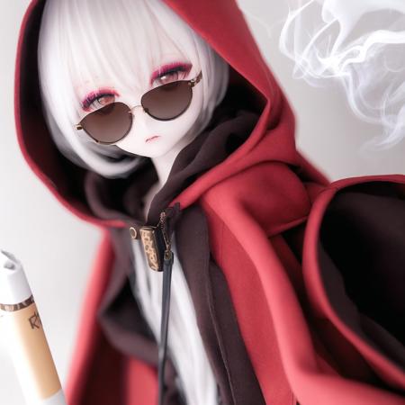 <lora:dolls:1.0>, (kukolnydom:1.0), doll, 1girl, brown eyes, cigarette, cloak, dark skin, eyeshadow, gloves, hood, hooded cloak, lipstick, makeup, red cape, sitting, smoke, solo, sunglasses on head, white hair