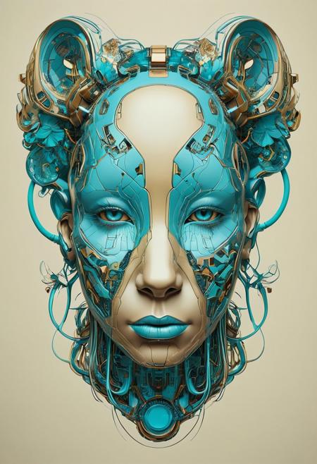 This abstract head, featuring animal-like characteristics, is inspired by the futuristic cyberpunk style of renowned artists such as James Jean, Jeff Danziger, and Aykut Aydogdu. The unique design showcases a harmonious balance of symmetrical structure, while incorporating light brown and cyan hues. The highly detailed illustrations exude a sense of technological advancement characteristic of the cyberpunk genre, creating a striking and thought-provoking piece.