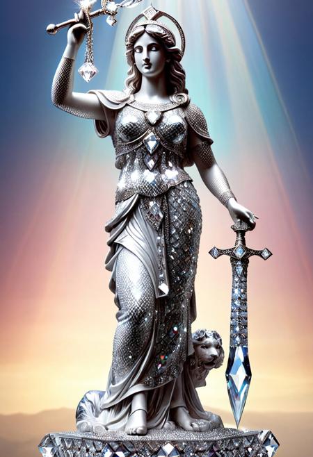 masterpiece, best quality, amazing quality, very aesthetic, absurdres, diamondMW, countless diamonds,
landscape, female goddess statue made of diamond, transparent, holding diamond sword, greeksandals, sandals, rainbows, refraction, porcelain skin, stoic expression, dynamic angle, unique perspective
