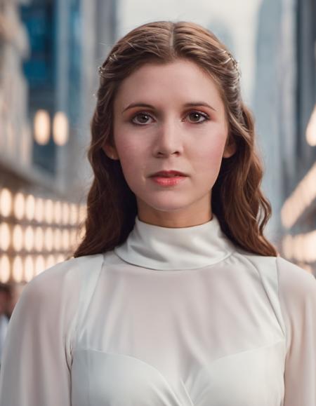 breathtaking closeup photo of skswoman, 1girl, brown hair, white dress, blurry, lips, depth of field, blurry background (lonely:1.2) futuristic city lots of lights, portrait, realistic, nose, professional, 4k, highly detailed <lora:Princess Leia:0.8> . award-winning, professional, highly detailed