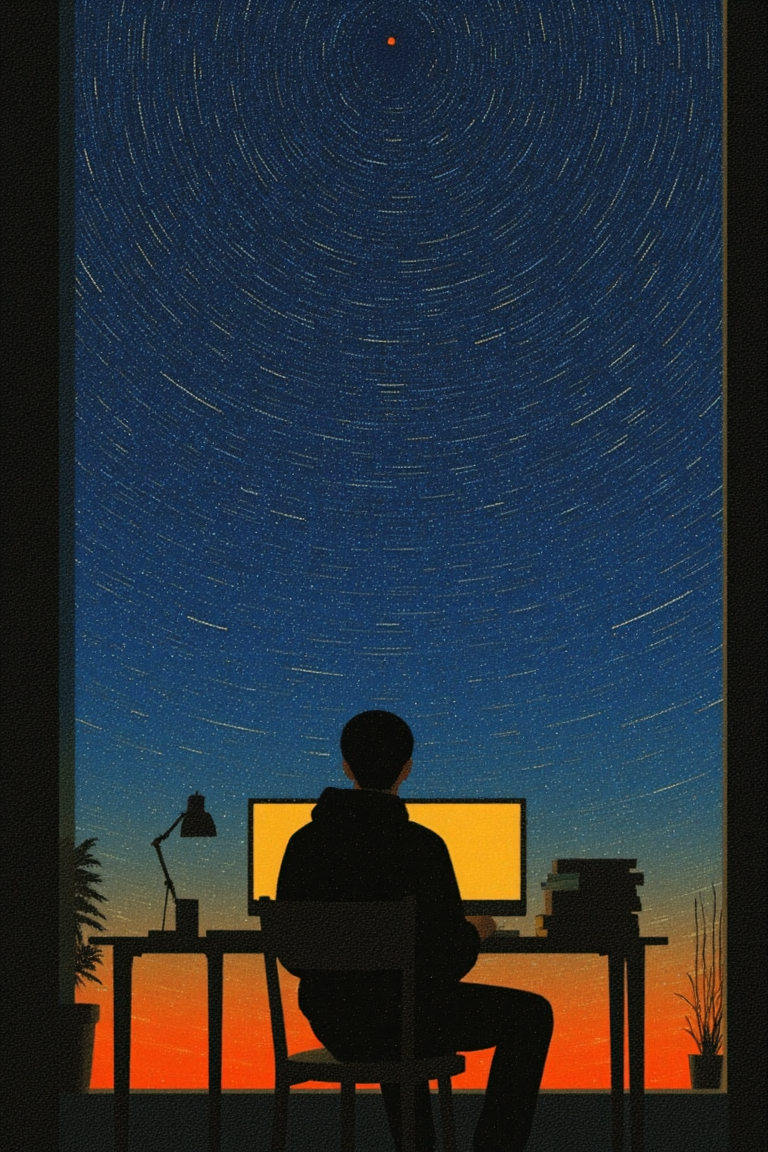 A silhouetted figure seated in an office chair at a desk, facing a glowing computer monitor within a room with a large window that reveals a night sky filled with star trail arcs. A desk lamp, stacked books, and potted plants appear as dark silhouettes on either side of the workspace. The star trails form concentric circular patterns across the deep blue sky, around a single reddish-orange dot near the top of the frame. The horizon shows a gradient from amber-orange to dark blue tones. 