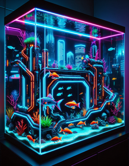 colorful LED lights, fish tank with futuristic city inside, vignette, sharp contrast, dark, dim lighting, mechanical body, futuristic, vibrant colors, neon lights, high quality, precise, high resolution, 4k, 8k <lora:ColourfulLED:1>,