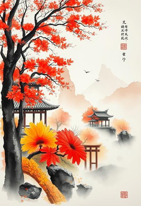 The gorgeous watercolor paintings designed by AI show a palace-level design sense and are pleasing to the eye. The design color is mainly red yellow orange like Autumn landscape.