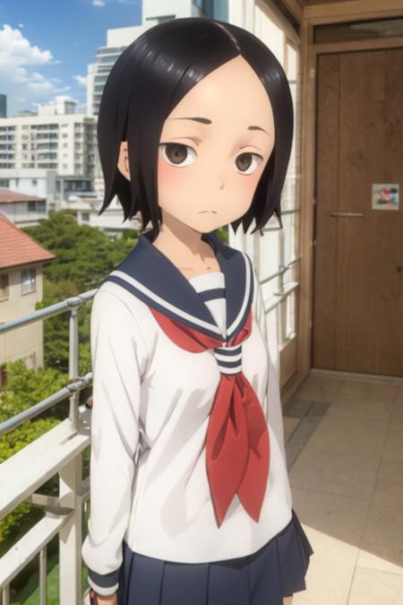 1girl, sanae_tsukimoto, black hair, short hair, black eyes, forehead, school uniform, sailor collar, serafuku,jitome,frown,balcony  <lora:sanae_tsukimoto:0.7>