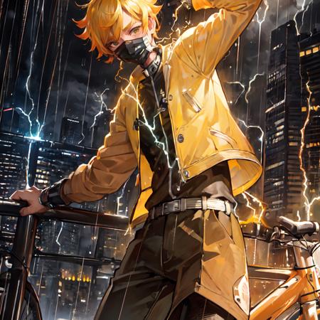 (((master piece))),((best quality)),((((city)))),detailed,1boy,solo, standing, yellow hair,toothy grin,<lora:Zenitsu-06:0.9>, ultra detailed face,(rain),bike,(((electricity))),mask