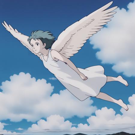 AngelOYM,1girl,aqua hair,short hair,black eyes, angel wings, white dress,sleeveless,  barefoot,