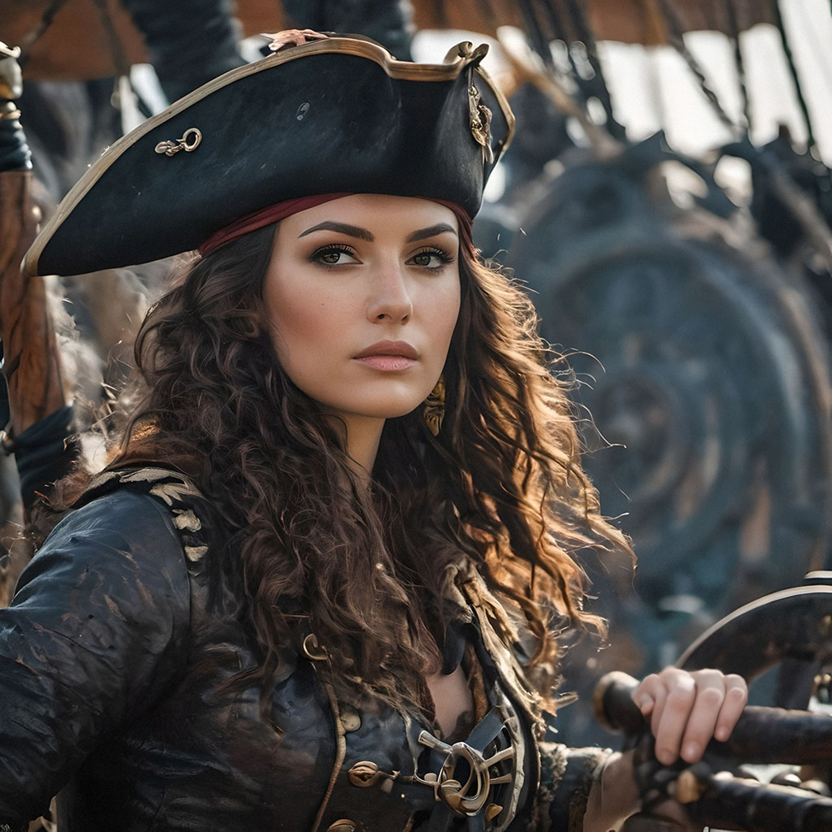 photograph of a beautiful pirate women at helm of old pirate ship looking into distance, skin with pores