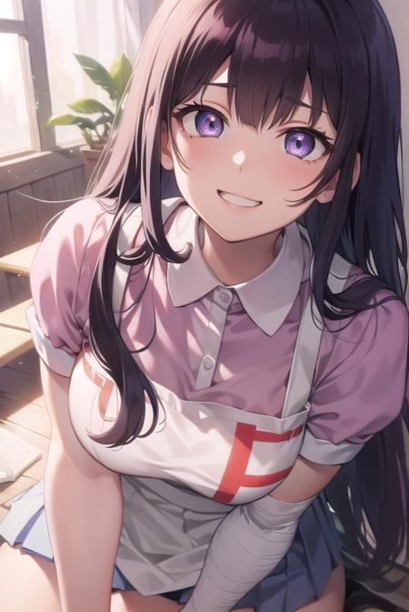 mikan tsumiki, long hair, purple hair, (purple eyes:1.1), bangs, blunt bangs, apron, bandaged leg, bandages, collared shirt, miniskirt, pink shirt, pleated skirt, puffy short sleeves, puffy sleeves, shirt, short sleeves, skirt, two-tone shirt, white apron, white shirt,