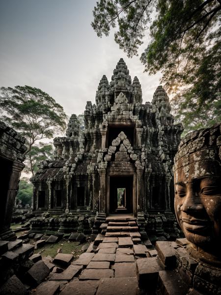 langscape of angkorwat at dawn, monk, ruins, temple, statue, most, tree, root, stone, epic, dim light <lora:ARWangkorwat:1>, <lora:add_detail:0.5>