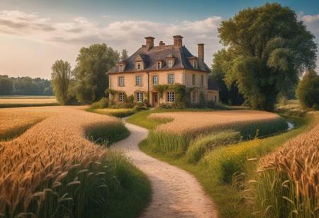 a winding path to a beautiful country house in the middle of a wheat field, trees, flowers, river, enchanted fairytale landscape, 8k, raw photo, masterpiece, intricate details,