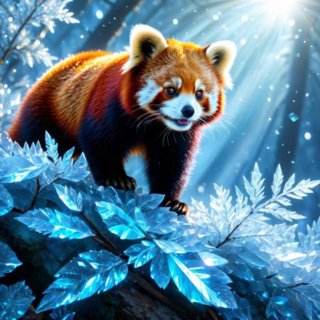 red panda, 
vibrant colors, 
icy forest, 
first fire second ice, 
gods ray, 
zoom out, 
Broken Glass effect, 
no background, 
stunning, 
something that even doesn't exist, 
mythical being, 
energy, 
molecular, 
textures, 
iridescent and luminescent scales, 
breathtaking beauty, 
pure perfection, 
divine presence, 
unforgettable, 
impressive, 
breathtaking beauty, 
Volumetric light, 
auras, 
rays, 
vivid colors reflects