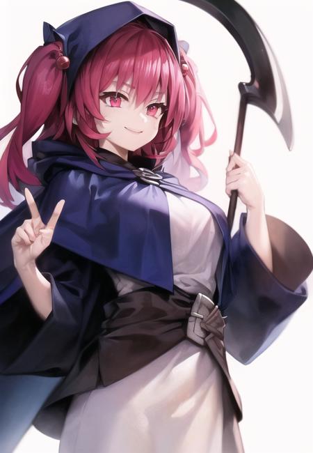 onozuka_komachi_(koumajou_densetsu) solo, 1girl, long_sleeves, white_dress, blue_cape, smile, wide_sleeves, white_dress, hair bobbles, hair ornament, blue_hood, gray_sash, scythe, two_side_up, holding_scythe, grim_reaper_girl, wearing_blue_robe, hood, boat_pole, 