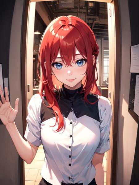 (masterpiece, best quality, highres), (((1girl, (mature female):1.25, solo), red hair, long hair), (blue eyes)), (upper body, looking at viewer, light smile, pov doorway, waving),