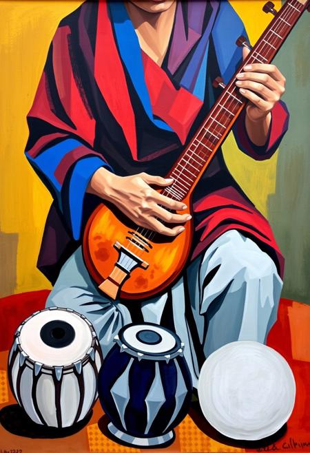 This vibrant painting captures a musician deeply engaged with their instrument, likely a sitar or similar stringed instrument, given its long neck and gourd-like base. The artist employs a bold, almost Cubist style, with distinct blocks of color defining the form of the figure and the instrument. Shades of deep blue and reddish-brown dominate the upper body, suggesting draped fabric, while a lighter grey forms the lower attire. The instrument itself is rendered in warm oranges and browns, creating a striking contrast against the darker clothing. The hands are delicately portrayed in light grey, positioned precisely on the instrument's fretboard and strings, conveying a sense of focused artistry. In the foreground, two percussion instruments, possibly tabla drums, are depicted in white and dark blue, indicating a potential musical ensemble. The background is a mix of earthy yellows and greens, adding to the rich, warm palette of the artwork. The overall impression is one of rhythmic harmony and cultural richness, expressed through abstract forms and vivid colors. Fine hands