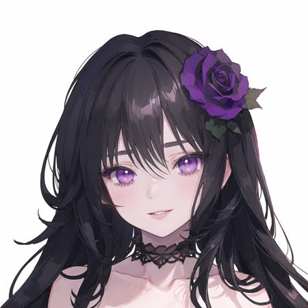 (masterpiece, best quality), <lyco:[LoHa]style-onineko v2:0.8>
style_onineko, quality_best, close-up, portrait, looking at viewer, 1girl, long hair, black hair, hair flower, purple rose, purple eyes, blush, parted lips, light smile, lace-trimmed choker, black choker,  white background