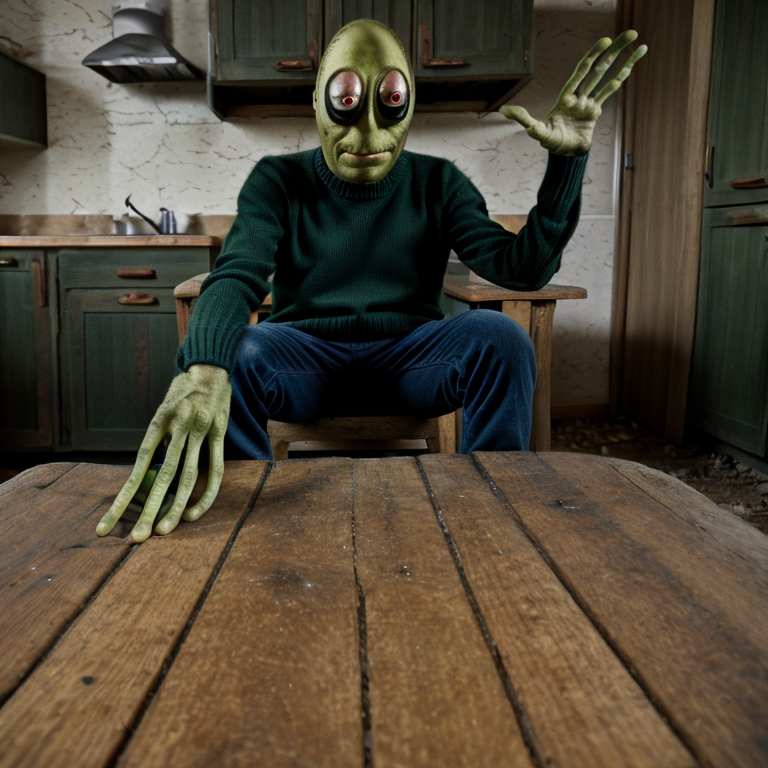 live action salad fingers, real life salad fingers, movie still, frame from film, cinematic photo of a humanoid with green skin, 4k highly detailed photograph of (salad fingers:1.1), sitting at his (dank dilapidated depressing kitchen table:1.2), (in his dingy condemned house:1.2), 8k, F2.8, RAW Photo, ultra detailed, close up on torso and face, 35mm photograph, film, bokeh, professional, wearing blue pants brown shoes and a forest-green sweater, very long fingers, saladfingers, intricately detailed eyes, hyperdetailed eyes, detailed skin, pores BREAK cinematic photo of salad fingers, (candid photo of salad fingers, a green humanoid with green skin, green neck, green face, green ears, green hands, green ankles, green head, green legs, green wrists, green feet:1.3), (green skin:1.3), (green hands, green fingers:1.4), 4k highly detailed photograph of (salad fingers:1.3), (wearing blue pants brown shoes and a forest-green sweater:1.1), saladfingers BREAK photo of salad fingers, very long fingers, highly detailed green skin, pores, hyperdetailed photography, saladfingers BREAK 4k highly detailed photograph of (saladfingers:1.1), sitting at his (dank dilapidated depressing kitchen table:1.2), (in his dingy condemned house:1.2), abandoned building, urban decay <lora:Salad_Fingers_LoRA:1> <lora:add_detail:0.6>