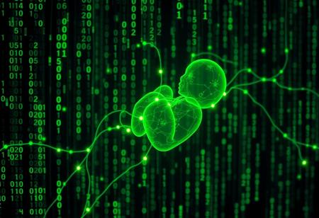 matrix of glowing translucent binary digits of code cascading, comprised of detailed vertical cascading streams of glowing green Matrix-like code, depth of field, code droplets in shape of human embryo connected to intersection of nodes in circulatory system, ultrasound detailed sonogram